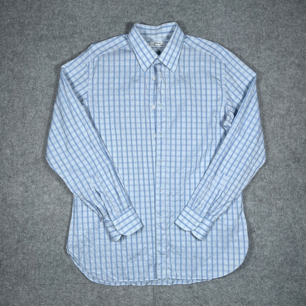 Brioni Button Down Shirt Mens 16 Large Blue White Plaid Check Italy Made Cotton